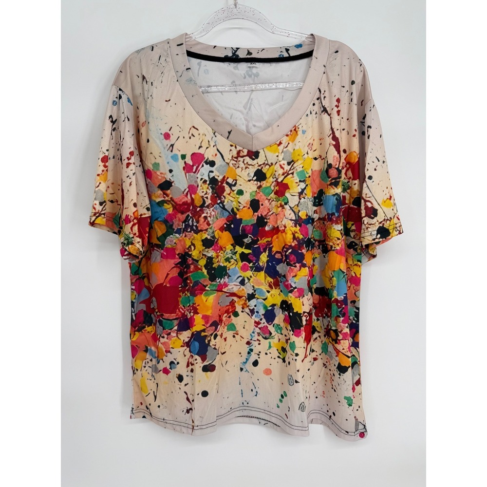 Womens Sz XXL Paint Splatter V-Neck T-Shirt Multicolor Abstract Mesh Top